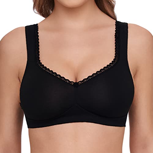 SUSA Biustonosz bez fiszbinów, z dużą zawartością bawełny z kontrolowanej uprawy biologicznej, biustonosz bez fiszbinów, z koronką i szerokimi ramiączkami, czarny (schwarz 004), 95C