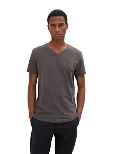 T-shirt męski TOM TAILOR Basic z dekoltem w szpic, 11086-Ciemnoszary melanż, L