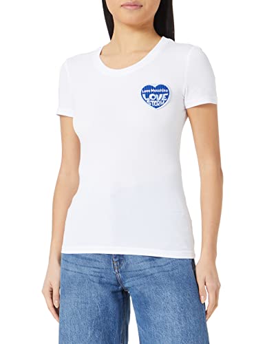 Love Moschino Damska koszulka z krótkim rękawem z haftem Love Storm z efektem dzianiny w kształcie serca, Biały, niebieski, 70