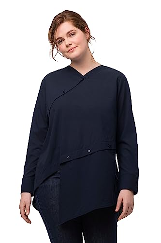 Ulla Popken Damska bluzka duże rozmiary plus size, linia A, dekolt w serek, długi rękaw, bawełna ekologiczna 812777, morski, 42-44