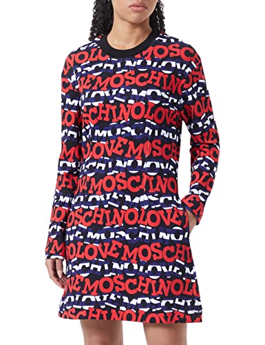 Love Moschino Damska sukienka z długim rękawem z nadrukiem logo na całej długości, Blue Red White, 42
