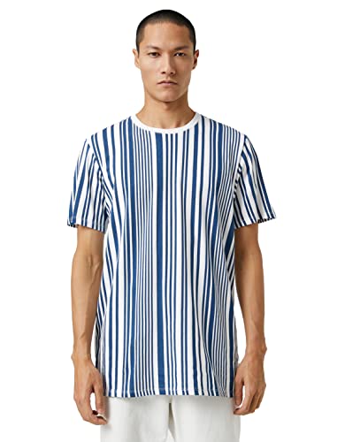 Koton Męski T-shirt Basic z okrągłym dekoltem i krótkim rękawem, Navy Stripe (7s1), L