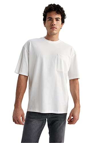 DeFacto Koszulka męska z krótkim rękawem oversized – Basic okrągły dekolt T-shirt dla mężczyzn, écru, S