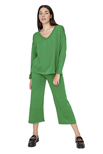 Trendyol Damski gładki cienki dzianinowy kardigan spodnie dwuczęściowy zestaw, ZIELONY, M