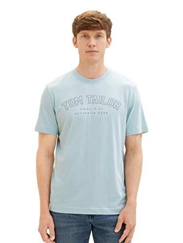 T-shirt męski TOM TAILOR z nadrukiem logo wykonany z bawełny, 30463-zgaszony miętowy błękit, M
