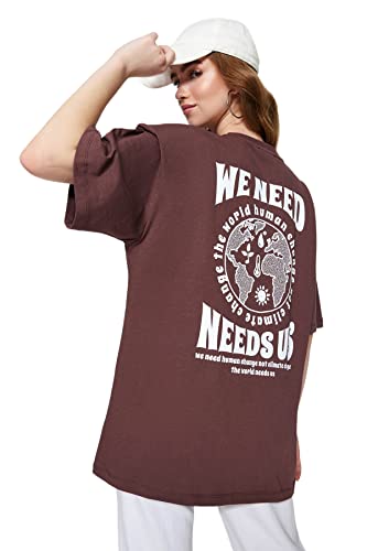 Trendyol Damska koszulka oversize basic z okrągłym dekoltem z dzianiny, brązowy, XL, Brązowy, XL