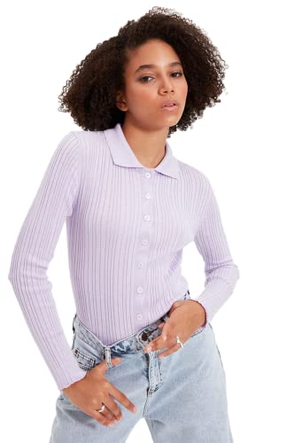 Trendyol Damski dopasowany kardigan z dzianiny bodycon polo z dekoltem, lilia, L