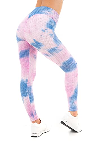 M17 Damskie damskie legginsy Tie Dye Gofr bez szwu antycellulitowy wysoki stan łupka rozciągliwe siłownia spodnie do jogi, różowy, L