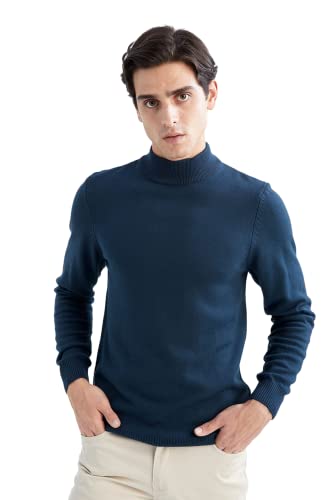 DeFacto Męski sweter z dzianiny z długim rękawem, okrągły dekolt, slim fit dla mężczyzn, topy (petrol, XL), Petrol, XL