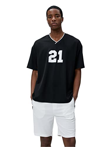 Koton Koszulka męska Oversized Varsity Printed V Neck Short Sleeve, czarny (999), M