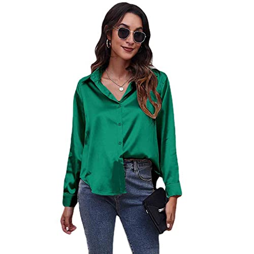 Clotth Damska koszula z długim rękawem z satynowego jedwabiu Button Down Shirt, zielony-l, L