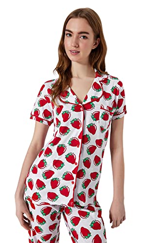 Trendyol Damska koszula tropikalna, środkowa dzianina, spodnie, zestaw piżamowy, biały, S, biały, S