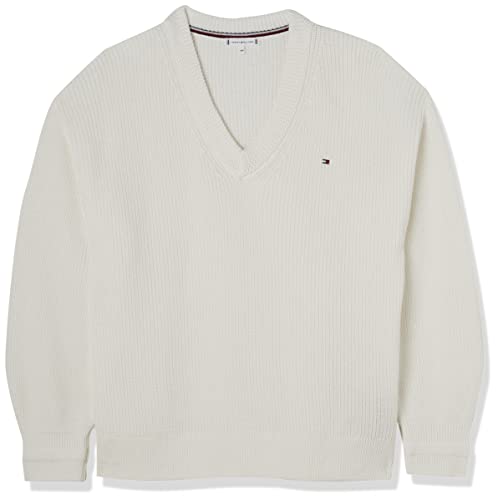 Tommy Hilfiger Damski sweter V-nk bawełniane prążkowane swetry z dzianiny, Ecru, L