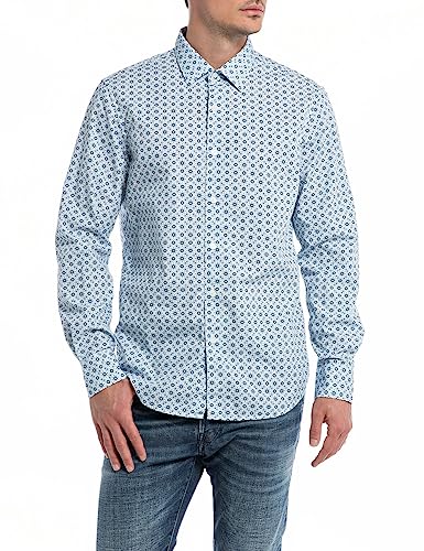 Replay Koszula męska, Navy/Light Blue Stripe 010, XXL