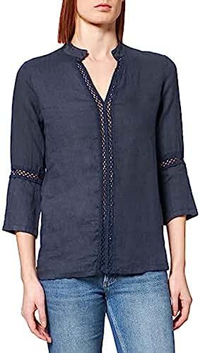 Bonateks, Tunezyjska tunika z kołnierzem z koronką i rękawami 3/4, 100% len, rozmiar DE:38, rozmiar US:M, topy, granatowe - wyprodukowano we Włoszech, niebieski, 38