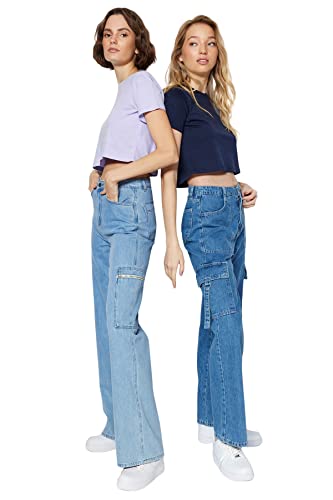 Trendyol Damska koszulka basic basic z dzianiny ze stójką, Granatowy - liliowy, XL