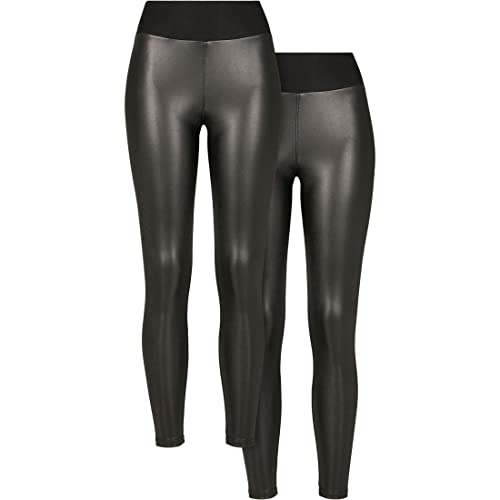 Urban Classics Damskie legginsy ze sztucznej skóry z wysokim stanem, 2-pak czarne+czarne L, czarny + czarny, L