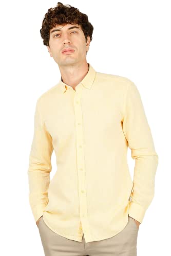 Bonamaison Męska koszula z długim rękawem, krój slim fit, żółta, standardowa