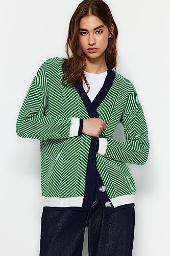 Trendyol FeMan Oversize Basic kardigan z dzianiny z dekoltem w serek, zielony, S, ZIELONY, S