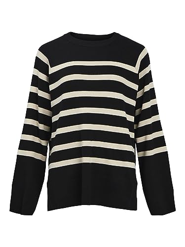 Object Women's Objester LS Knit TOP NOOS sweter, czarny/paski: Sandshell, S, czarny/paski: sandshell, S
