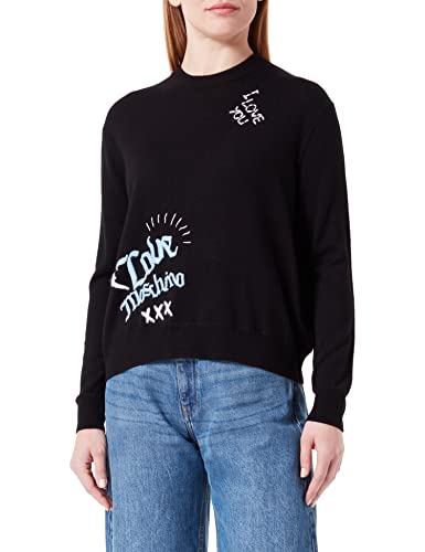 Love Moschino Damski sweter o regularnym kroju z długim rękawem z okrągłym dekoltem z emblematami, miks, czarny, 48