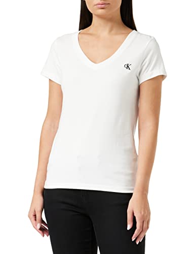 Calvin Klein Jeans Damska koszulka z dekoltem w serek z haftem Ck, Jasnobiały, L