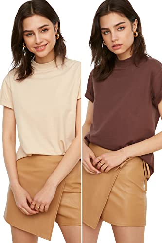 TRENDYOL T-shirt damski, brązowo-beżowy, L