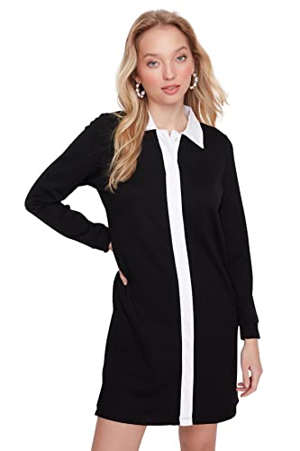 Trendyol Damska damska mini sukienka z dzianiny z wywijanym kołnierzem, czarna, XL, Czarny, XL