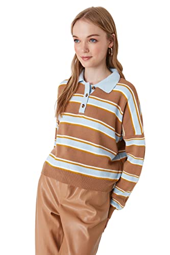 Trendyol Damska bluza polo w paski, regularny sweter, Jasnoniebieski, L