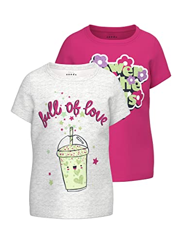 NAME IT Girl's NMFVEEN 2P SS TOP D1 T-Shirt, Bright White/Pack:PINK Yarrow, 104, Jasna biel/opakowanie: różowy, 104 cm