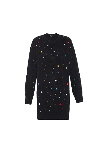 faina Damski sweter z dzianiny średniej długości z nieregularnymi nitami i wzorem w romby, czarny, rozmiar M/L, czarny, XL