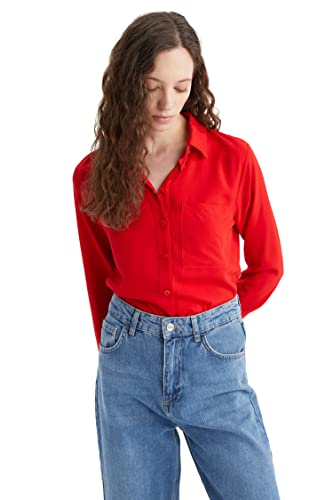 DeFacto Koszula damska z tkaniny bawełnianej z długimi rękawami, czerwony, L