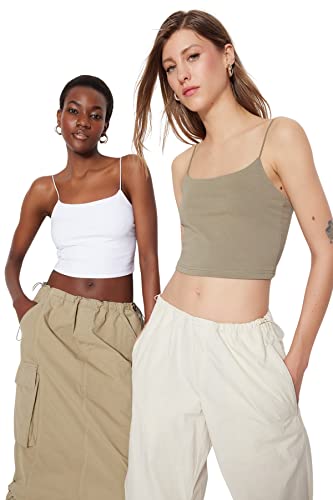Trendyol Damska koszulka basic basic z kwadratowym kołnierzem z dzianiny, Khaki-biały, L