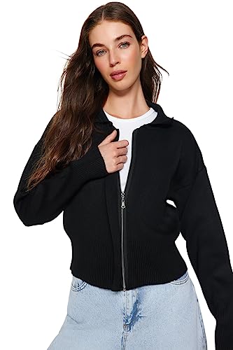 Trendyol Damen Regular Fit Basic Polo Neck Dzianina Kardigan, Czarny, S, Czarny, S