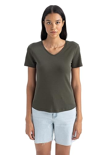 DeFacto Damska koszulka z dekoltem w serek – klasyczna koszulka basic dla kobiet – wygodna koszulka dla kobiet, khaki (Dark Khaki), S