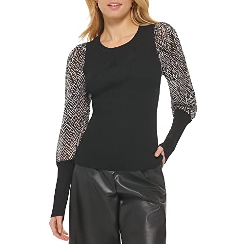 DKNY Printed Long Sheer Puff Sleeve Okrągły Neck Mixed Media Top, Czarny/Multi, XS De Las Mujeres, Czarny/Multi, XS