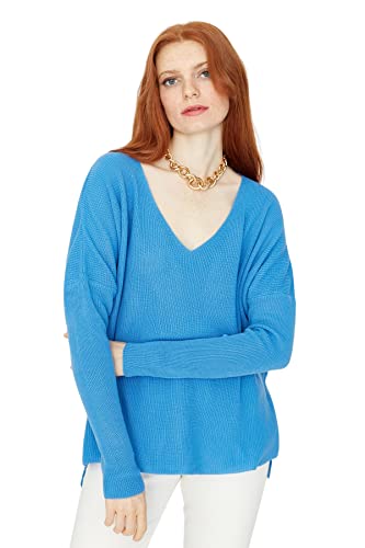 Trendyol Damska bluza z dekoltem w serek, jednokolorowa, oversize, sweter, NIEBIESKI, L