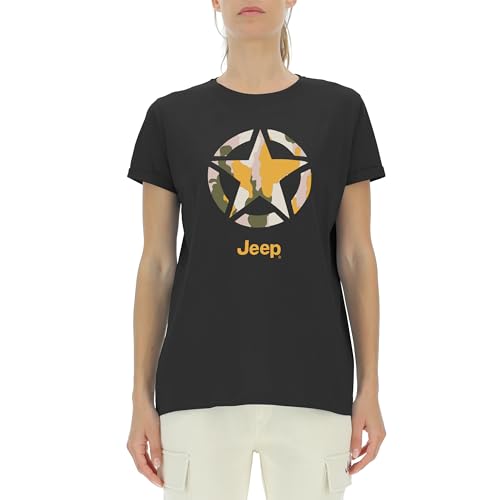 JEEP O102927-B000 Koszulka Damska Oversize - Druk Gwiazda Dno Kora Kamuflaż - Rękaw Z Klapką J23W Kobiety Black XS, Czarny, XS