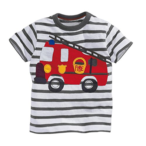 EULLA Dziecięcy T-shirt bawełniany w paski ogień kreskówka wzór samochodu chłopcy dziewczynki koszulka z krótkim rękawem 1-7 lat, 1 szary pasek, 98