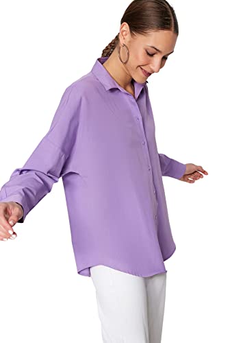 Trendyol Damska koszula basicowa oversize basic, tkana koszula z kołnierzem, Fioletowy, 32