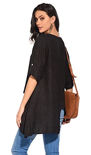 Sukienka damska 100% lniana Made in Italy, długa sukienka z okrągłym dekoltem, z przodu z krótkim rękawem, granatowa, rozmiar: XL, granatowy, XL
