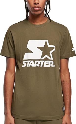 STARTER BLACK LABEL Męski T-shirt z nadrukiem z przodu i na rękawie, naszywka z logo na obszyciu, sportowy okrągły dekolt, wiele kolorów, rozmiar S do XXL, Darkolive, S