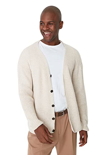 Trendyol Męski kardigan oversize z dekoltem w serek, BEŻOWY, XS