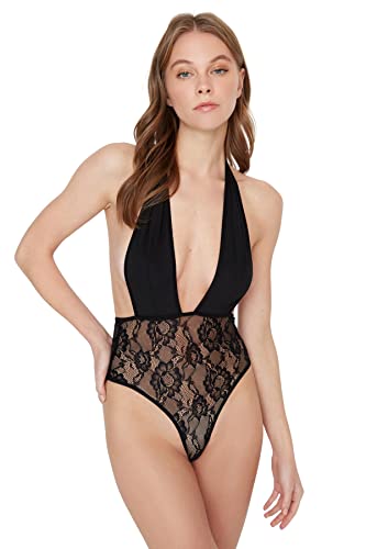 Trendyol Damska koszula z dzianiny slim bodycon halterneck z dekoltem w serek, czarna, L, Czarny, L