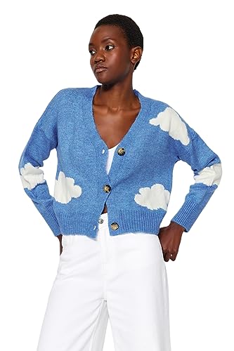 Trendyol Damski młody dopasowany podstawowy kardigan z dzianiny z dekoltem w serek, NIEBIESKI, M