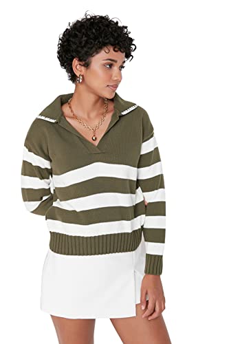Trendyol Damska bluza z kapturem z dekoltem w serek, khaki, S, Khaki