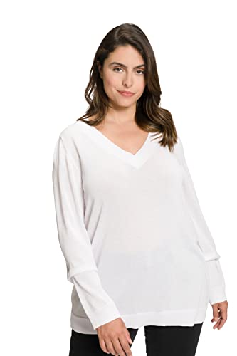 Ulla Popken Damski sweter z dekoltem w serek, śnieżnobiały, 50/52, śnieżnobiały, 50/52