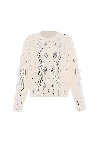 faina Damski sweter z dzianiny z cekinami, wełniany, biały, rozmiar XL/XXL, biały (wollweiss), XL