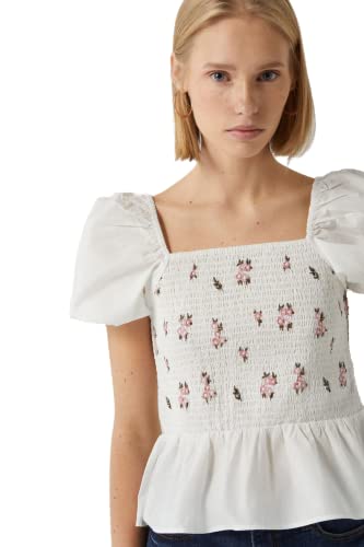 Springfield Blusa De Manga Corta Popelin Smock koszula damska, biały, 32 PL