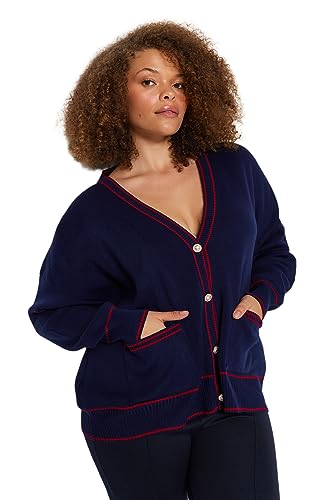 Trendyol FeMan Luźny krój Podstawowa dzianina z dekoltem w serek Kardigan plus size, granatowy - czerwony, 4XL, Granatowo-czerwony, 4XL Duże rozmiary